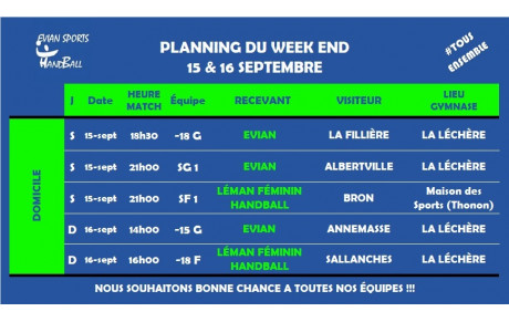 MATCH DU WEEKEND (15 &amp; 16 SEPT.)