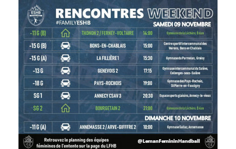MATCHS WEEKEND ESHB | 09-10 NOVEMBRE